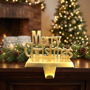 Gold Merry Christmas Stocking Holder Metal Fireplace Mantel <b>Hanger</b> Decorative Christmas Sign with Hook Festive Holiday Home Deco - Product Image 2