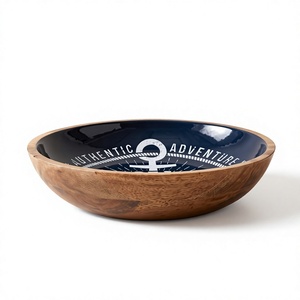 Bol en bois de manguier fait main avec intérieur émaillé bleu marine, motif ancre, style nordique, pour servir les aliments, idéal pour offrir - Product Image 1