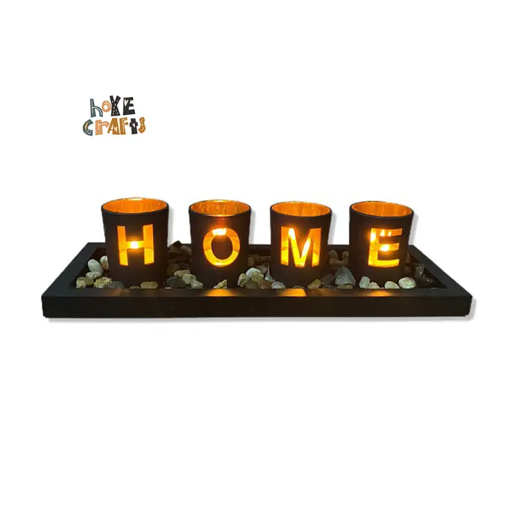 HOME letters leaf design glass candle holders wooden candlestick