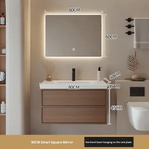Meuble-lavabo de salle de bain <span class=keywords><strong>Anran</strong></span>, nouveau style moderne du milieu du siècle, en bois de noyer, avec un lavabo intégré en dalle de roche cintrée à chaud, à fixer au mur - Product Image 6