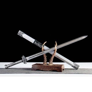 Handmade Vintage Chinese Han <b>Sword</b>, Antique <b>Silver</b> Embossed Fittings, White Patterned Scabbard, Collectible Ornament - Product Image 1
