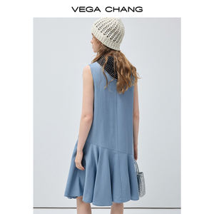 Robe d'été mi-longue décontractée VEGA CHANG <span class=keywords><strong>bleu</strong></span> clair sans manches à col en V et ourlet asymétrique à volants, respirante - Product Image 5