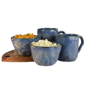 Tasses et bols en grès, Bol en porcelaine émaillée bleue, Bol de service en céramique, Tasse à collation créative émaillée pour la cuisine et la salle à manger - Product Image 1