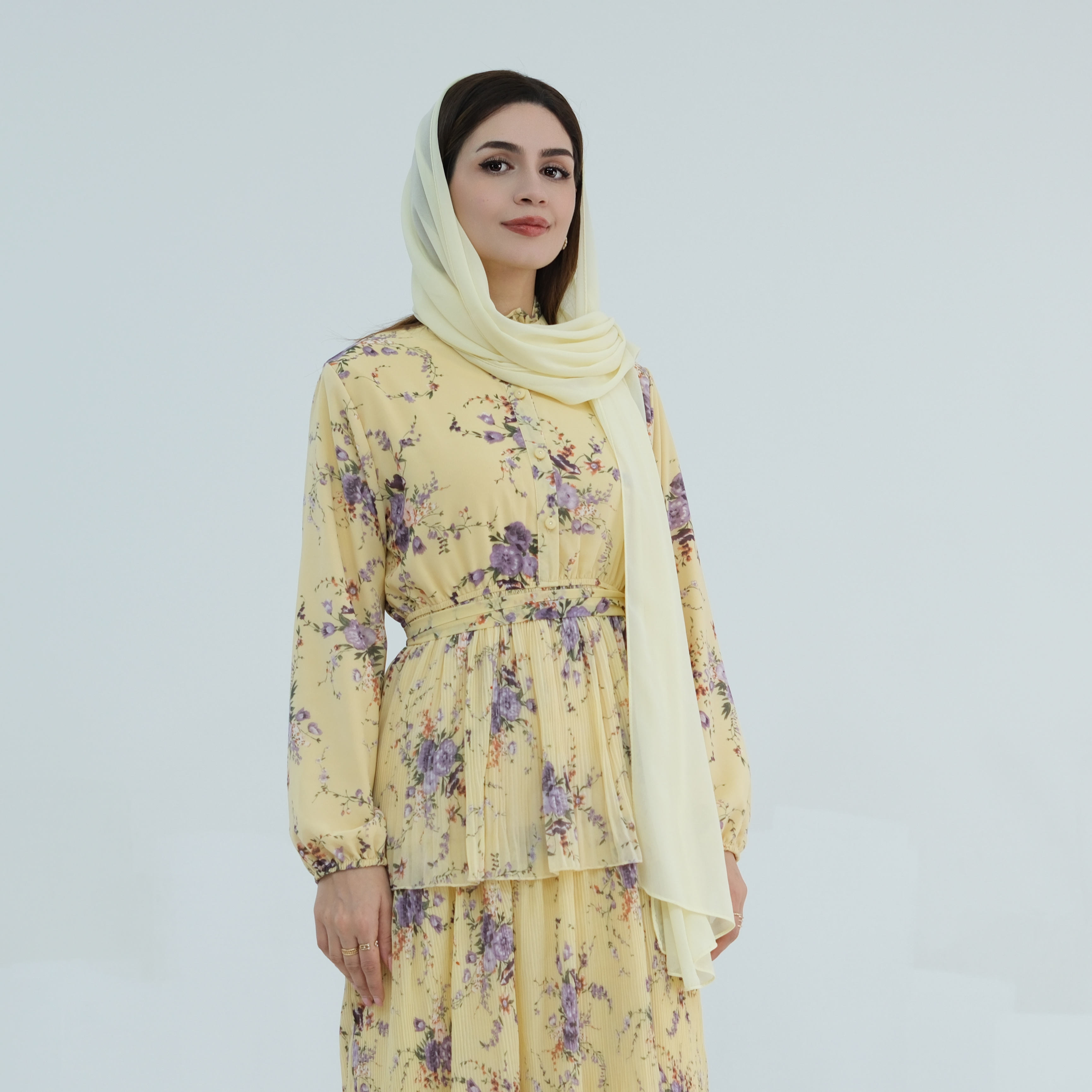 Casual Floral Hijab Dress Women Linen Long Sleeve Dress Islamic
