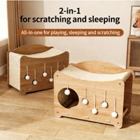 Arbre à chat surélevé moderne et durable à 2 niveaux avec poteaux à gratter en sisal, lit en bois massif, griffoir d'intérieur et jouets suspendus, emballage en carton