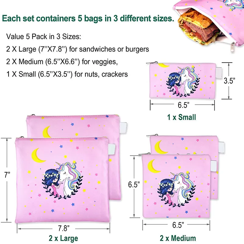 재사용 가능한 샌드위치 가방 키즈 스낵 용기 맞춤형 인쇄 스낵 백 5 팩 세트