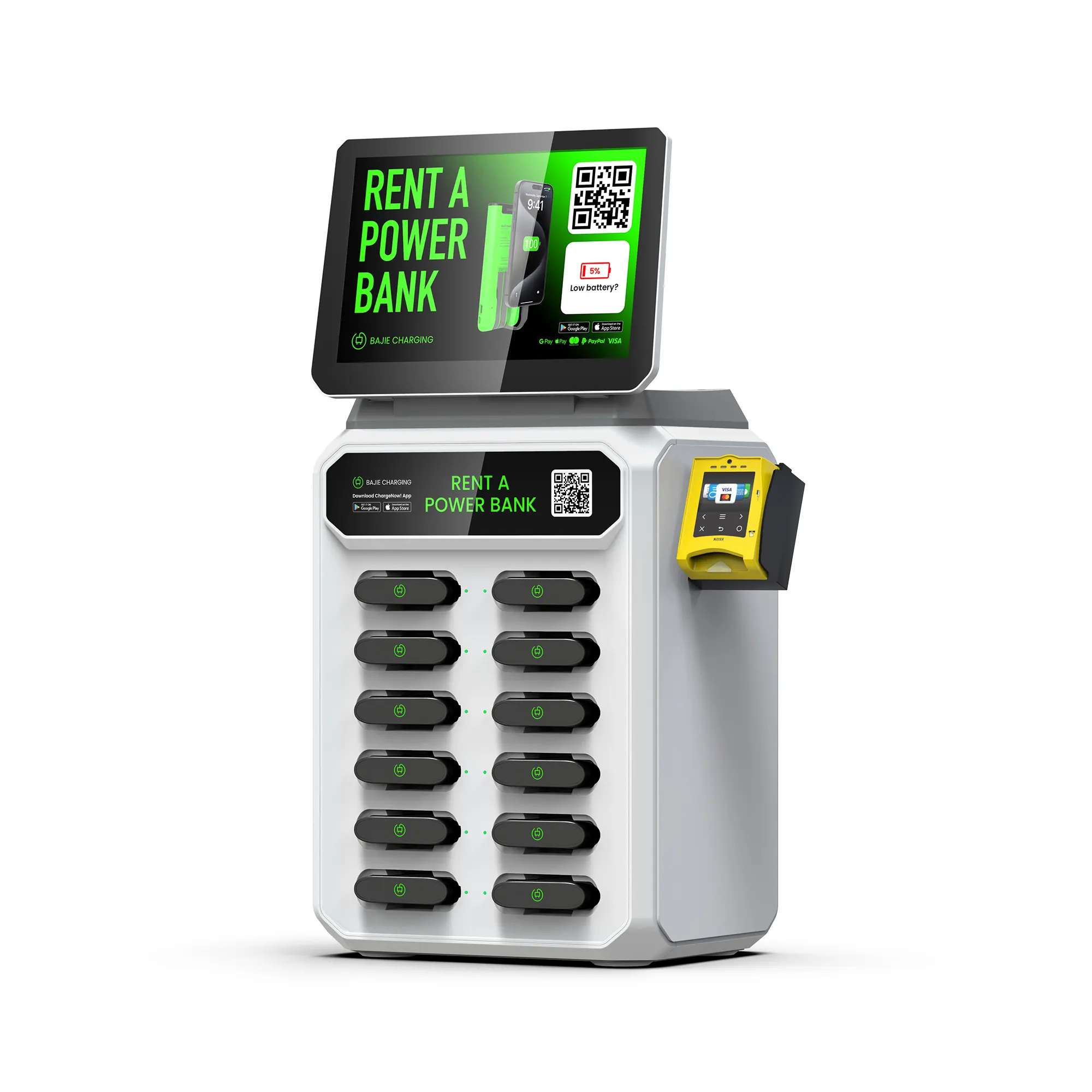 Eigenes Fabrikprodukt 12-Slots-Vermietungsstation mit Bildschirm Batterie Bank Docking-Station Automaten verkaufsautomat tragbare Batterie Restaurant