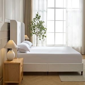 54" Tall Modern Hotel Upholstered Bed Frame Rice White Chenille Queen Wingback Headboard Solid Wood Legs Metal Frame Support - Product Image 4