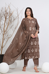 Women Ethnic Motifs Embroidered Cotton Kurta with <b>Trousers</b> & Dupatta Clothing <b>Indian</b> Pakistani Fashion Elegant Top Bottom - Product Image 4
