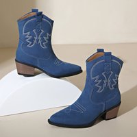 Vente en gros, Meilleure vente : Bottines courtes pour femme, style rétro automne, bleues, à rayures western brodées, antidérapantes, tendance mode