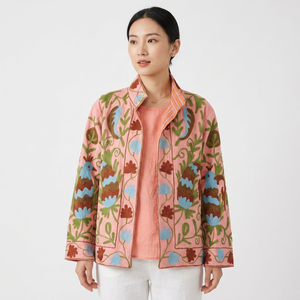 Pink Floral Embroidered <b>Mandarin</b> <b>Collar</b> Bomber <b>Jacket</b> Women's Spring Autumn Winter Cotton Velvet Full Sleeve Regular Length Hand - Product Image 1