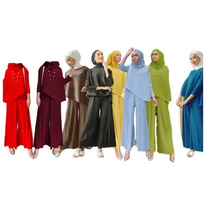 SIPO Malaysia 2023 Latest Design Muslim Long-Sleeved Pleated Chiffon Shirt Modest Women Comfortable Two Piece Pants Set