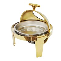 Calentador de Buffet Redondo de Lujo de 6L con Tapa Enrollable de Acero Inoxidable 201, Recipiente para Calentar Alimentos con Tapa de Vidrio, Calentamiento por Vapor, Color Dorado, Uso Hospitalario