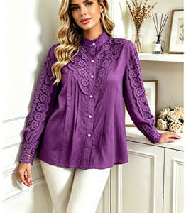 Blusa de Mujer para Primavera/Verano, Cuello Alto Francés, Manga Larga, Encaje Floral Calado, Botones de Perla, Elegante, Casual, para Diario o Fiesta - Product Image 3