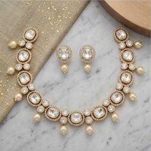 925 <b>Silver</b> Necklace and Earrings Set for Women White Pearls Kundan Work Traditional Indian Bridal Jewelry Set - Product Image 4