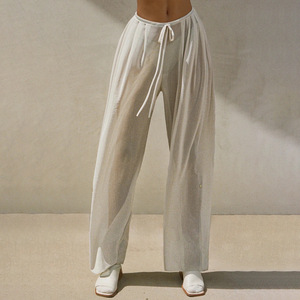 Elegant Women's Straight Leg Chiffon Pants Slim Waist See Through Mesh Long Casual Pants Summer Style - Product Image 1