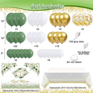 Kit Arco di Palloncini Verde Salvia con Sfondo 'God Bless', Tovaglia, Decorazioni per Prima Comunione e Baby Shower - Product Image 2