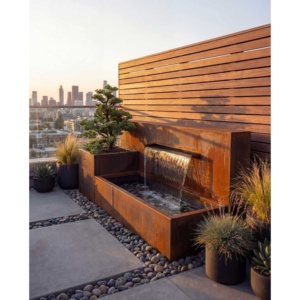 Cascada de jardín de acero Corten con macetero, patina natural de óxido, para decoración exterior de hoteles y villas, 80 x 200 x 70 cm - Product Image 1