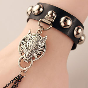 Gothic Steampunk Strass Armband Tier Wolf Schädel Armband Leder Gürtel Band Ring Kette Armband für Freund Freundin - Product Image 5