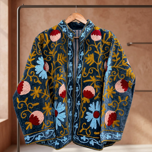 Chaqueta Blusón de Terciopelo Bordada para Mujer, Cuello Mandarín, Estampado Floral, Manga Larga, Ropa de Abrigo Otoñal, Estilo Prairie Chic - Product Image 1