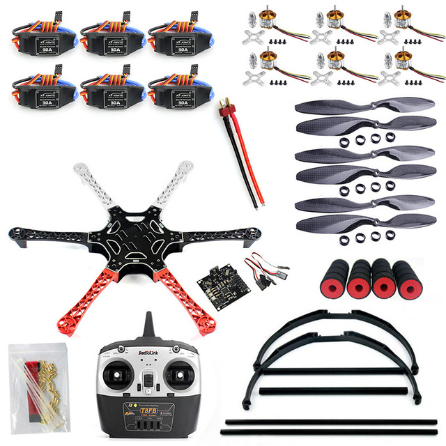 1000KV Brushless Motor 30A ESC F550 Hexacopter Kit with KK Flight Controller R8EF Receiver for DIY Drone UAV