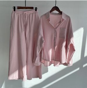 Ensemble Chemise et <span class=keywords><strong>Pantalon</strong></span> Ample Taille Haute en Coton et <span class=keywords><strong>Lin</strong></span> Rétro Grande Taille pour <span class=keywords><strong>Femme</strong></span> 2024 - Product Image 1