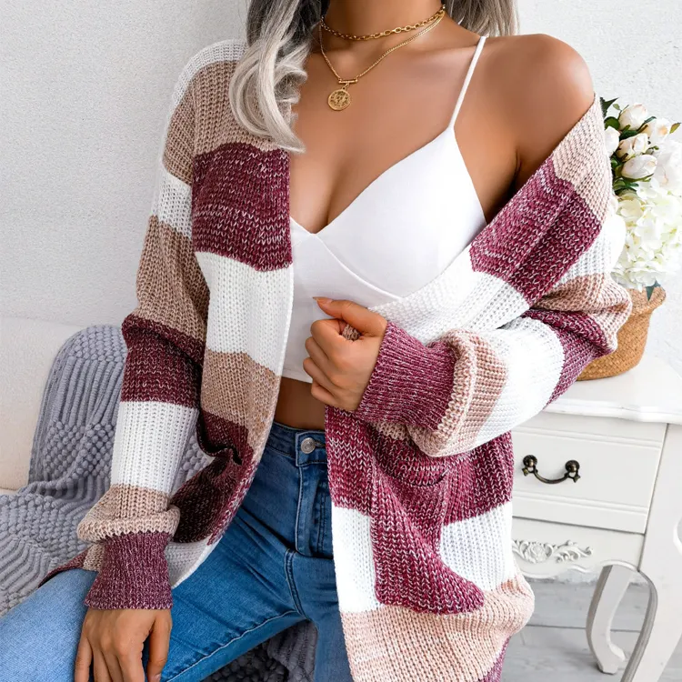 Kardigan kasual rajut wanita, mantel Sweater lengan lentera garis-garis kontras warna musim gugur dan dingin