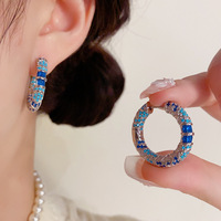 Pendientes de Aro de Zirconia Azules Exóticos de Estilo Étnico Vintage, Versátiles, con Círculo Geométrico Exagerado, Venta al por Mayor