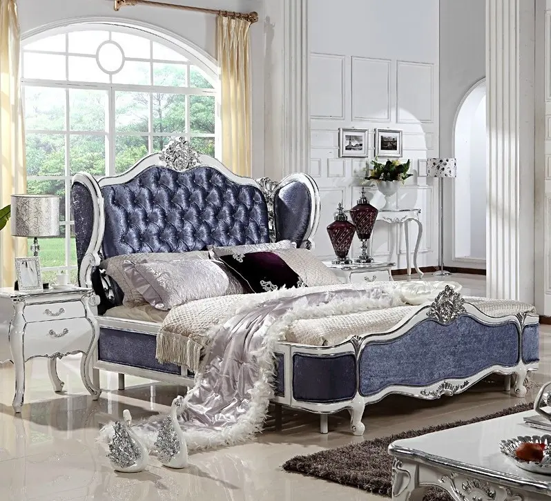 Antique Solid Wood Carved Fabric Bed Luxury European Style Bedroom Set Double King All Size Bed