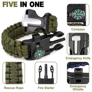 Bracelet de survie en paracorde nylon 5 en 1 de haute qualité à sept brins avec boussole intégrée pour la randonnée, le camping, les activités de plein air et les situations d'urgence - Product Image 1