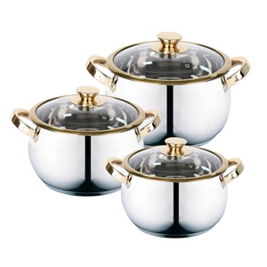 Juego de Ollas de Acero Inoxidable Multifunción al por Mayor con Asa y Perilla Doradas y Tapas de Vidrio - Product Image 1