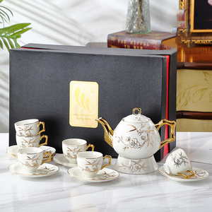 Custom Classic Eco-Friendly 14-Piece Porcelain Coffee & <b>Tea</b> <b>Set</b> with Teapot and Cups in White and Gold - Product Image 3