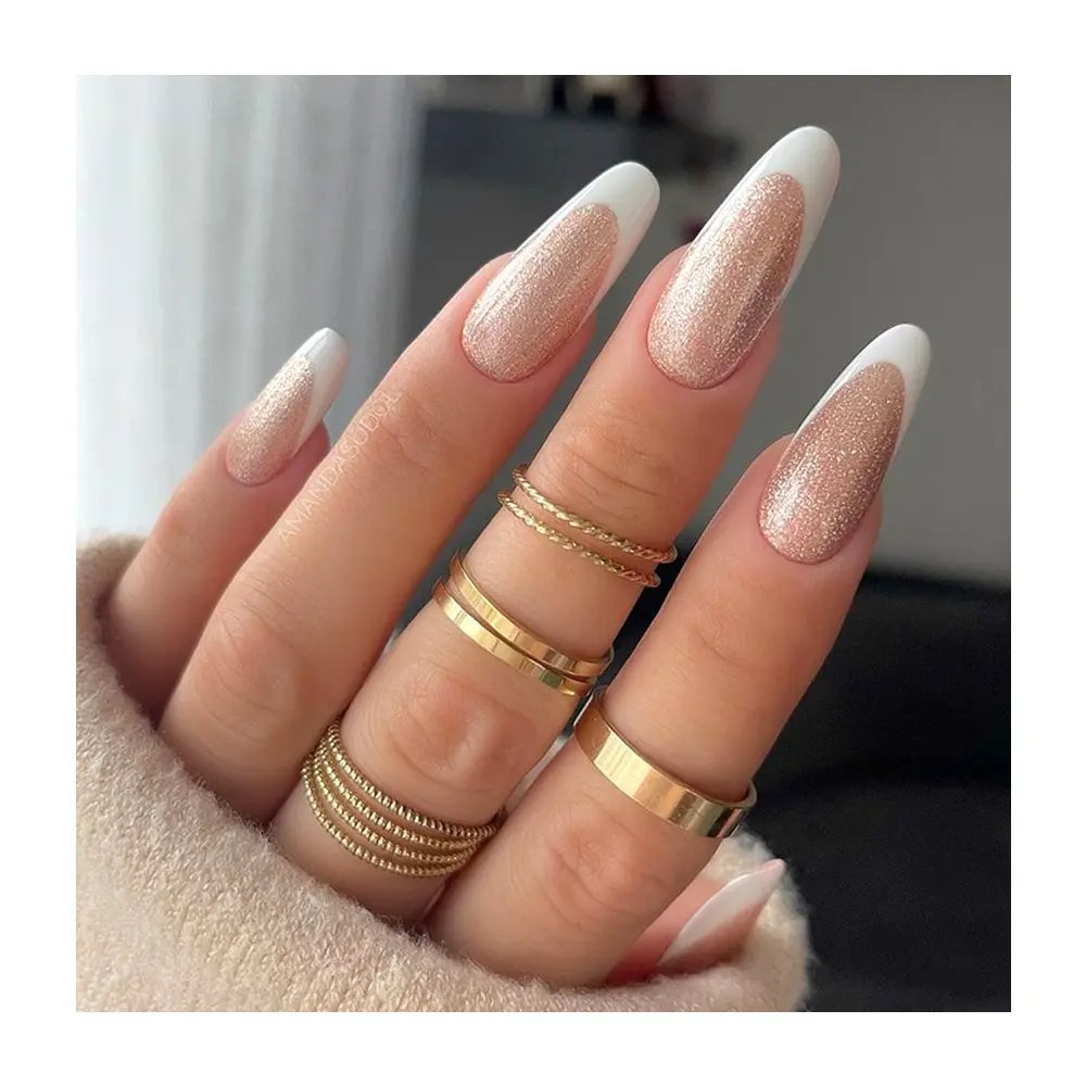 2023 Hot Selling Glossy French Tips Weiß Shinny Medium Mandel form Beauty Nails Einfache Paznokcie Sztuczne Stick On Nails