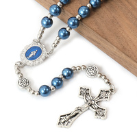 Rosaire Artisanal Bleu de la Vierge Marie, Perles de Verre Nacres 10mm, Chapelet Miraculeux à Cinq Dizaines