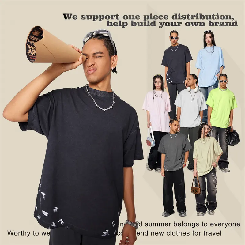 Zware Katoenen T-Shirts Sport T-Shirt Voor Mannen Zwart Unisex Groothandel Splash-Inkt Effen Vintage Zuur Wassen T-Shirts Bulk