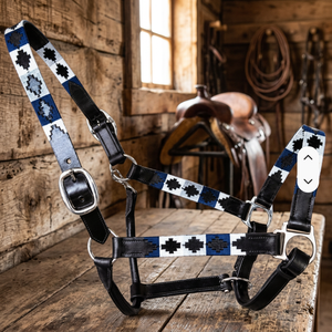 Harnais en cuir personnalisé pour cheval avec motif tissé bleu et blanc, équipement équestre réglable pour l'entraînement et l'équitation, vente en gros - Product Image 3