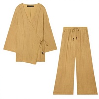 Ensemble pantalon et manteau YOYO pour femme, style européen et américain, coupe ample, manches longues, col en V, orné de perles, à lacets, couleur unie, longueur au-dessus du genou