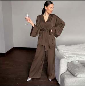 Conjunto de Pijama de Satén Sfy-y5120 de 2 Piezas, Pantalones de Manga Larga, Bata de Baño Sólida con Cinturón, Bata de Satén de Lujo para Mujer, Pijama, Camisón, Ropa de Dormir - Product Image 4