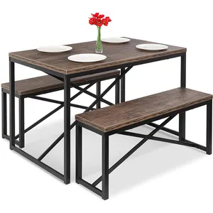 Home Kitchen Living Room Cafe Restaurant Bistro Pub Wooden Metal Bench Style Dining Table Dinette Set Bar Table and Bench Set