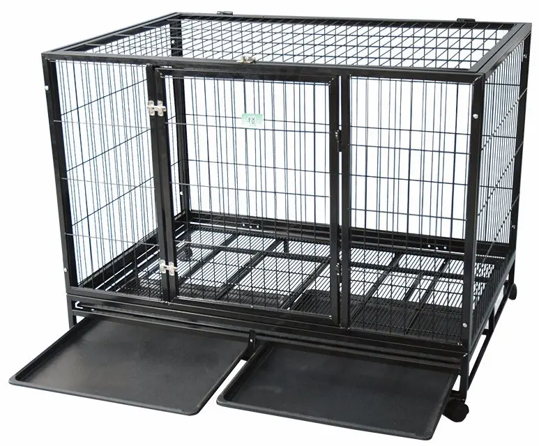 Высококачественная простая черная металлическая квадратная трубчатая клетка для собак из нержавеющей стали, усиленная трехдверная решетчатая решётка для собак, складное колесо для собак для ea