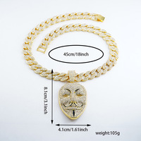 Collier pendentif unisexe en alliage avec masque Guy Fawkes V-Vendetta, chaîne cubaine plaquée or, accessoire de mode hip-hop en cristal