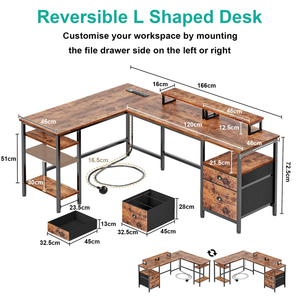 Reversible L Shaped <strong>Desk</strong> with <strong>UK</strong> Power Strip - Home Office Gaming <strong>Desk</strong> with File Drawer, 2 Monitor Stands &amp; Storage Shelves - Product Image 3