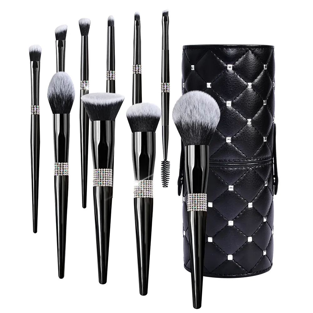 BUEYA 10PCS custom logo glitter makeup brush powder eye brush and black bling diamond makeup brush with box holder