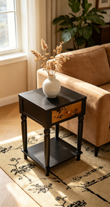 Mesa Auxiliar Moderna de Madera Negra con Cajón Floral y Estante Inferior para Sala de Estar o Dormitorio - Product Image 1