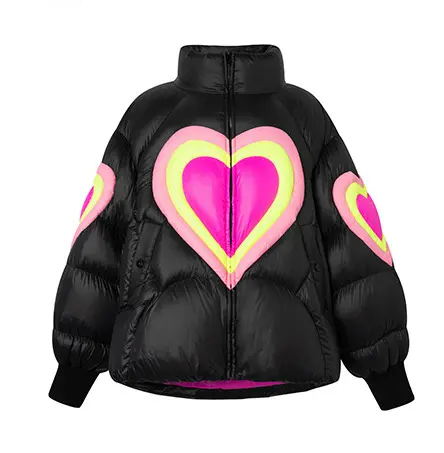 Customizedhigh quality lover's heart designwhite duck down3D love embroiderydown jacket wintersolid color longsleeve fluffy coat