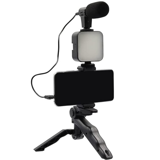 Video Making Vlog Tripod Kit With Microphone and and Light for Live Broadcast Mic Mini Tripod Stand LED Light Phone Holder Clip