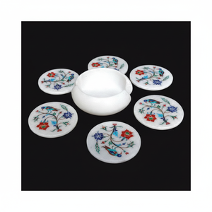 Posavasos de mármol blanco hechos a mano con incrustaciones de metal cuadrado 4x4 pulgadas Juego de 6 con soporte Juego de posavasos de mesa decorativa - Product Image 1