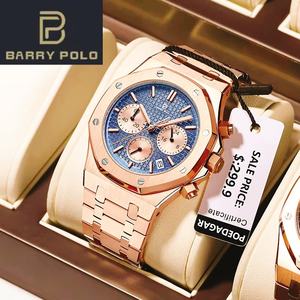 【新品】Barrypolo メンズ 高級アナログクォーツ腕時計 42mm クリスタル 防水 スポーツ 日付 夜光 18mm ステンレススチール合金 - Product Image 1
