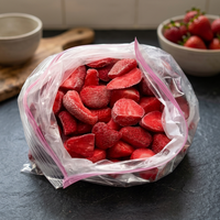 Premium gevriesdroogde hele aardbeien en -kruimels, natuurlijk fruit, vacuüm verpakt voor bulkverpakkingen en als ingrediënt voor snacks en voedsel.