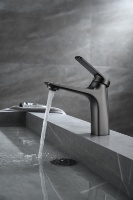 Mitigeur de lavabo monotrou en cuivre brossé couleur canon de fusil, à profil bas, eau chaude/froide, avec cartouche céramique